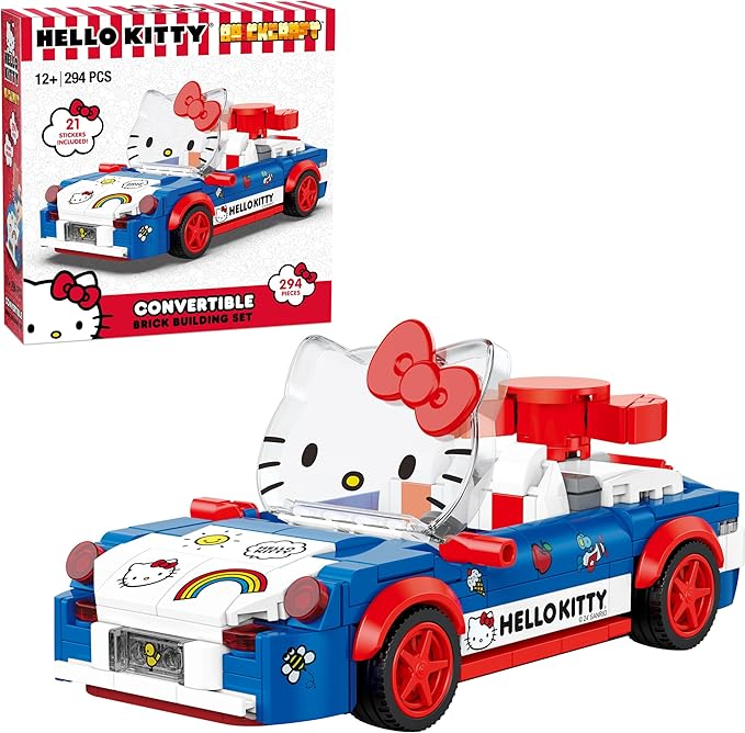 Brickcraft Officially Licensed Sanrio Hello Kitty Convertible Car Building Set, 294-Piece Multicolor Brick Kit with Detailed Character Face, Sticker Sheet Included