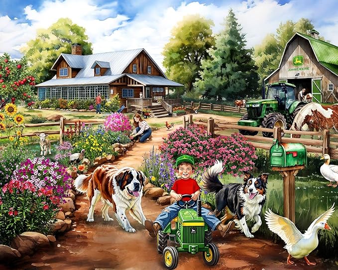 Springbok Life on The Farm 350 Piece Jigsaw Puzzle for Adults - John Deere Tractor - Unique Cut Pieces - Made in USA