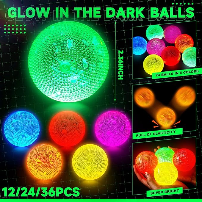 Lewtemi 24 Pcs Glow in The Dark Balls Glowing Stick Balls Bulk Lighted Bouncy Rubber Long Lasting Bright Night Party Supplies for Holiday Carnival Goodie Bag Fillers