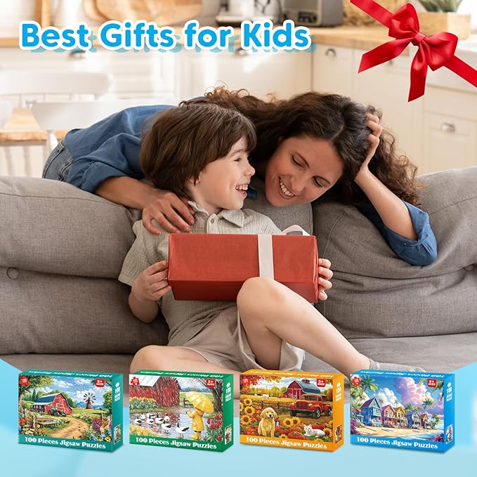 100 Piece Puzzles for Kids Ages 4-6 6-8 8-10, Farms & Beach Resort Jigsaw Puzzles for Seniors 100 Pieces Puzzle for Adults, Educational Learning Toys Gifts for Girls Boys 4-Pack 15"x11"