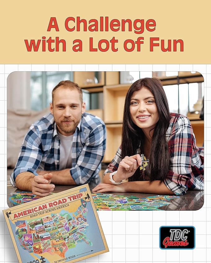 TDC Games US Map Puzzle Great American Roadtrip with Individual States, 1000 Piece Jigsaw Puzzles for Adults, Large America Shaped Educational Puzzle, Challenging Puzzles Map of USA