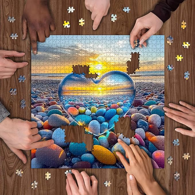 Crystal Heart Puzzles for Adults 1000 Pieces, PICKFORU Colorful Summer Beach Sunset Jigsaw Puzzles, Difficult Love Cobblestone Theme as Home Decor
