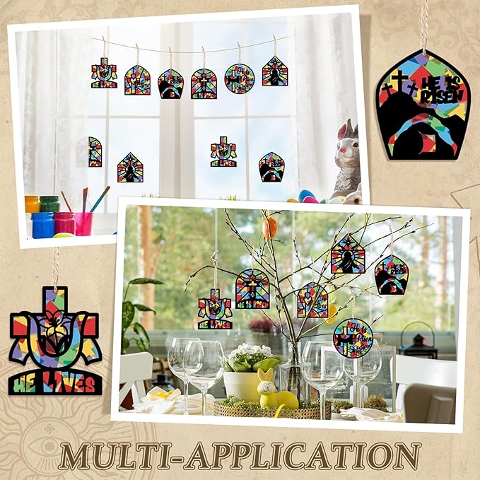 24 Set Easter Suncatchers Crafts DIY Christian Paper Cross Kit He is Risen Craft Jesus Religious DIY Hanging Decor Window Art Activity Gifts for Sunday School VBS Church Decoration