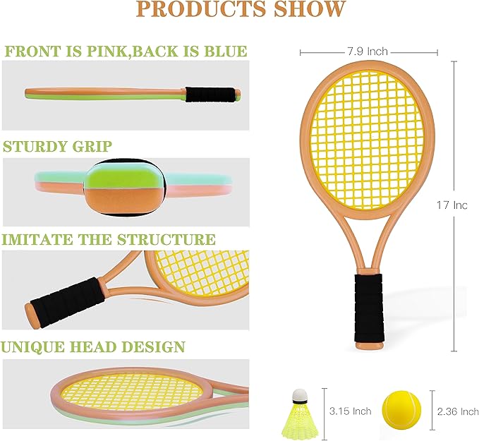 Crefotu Kid Tennis Racket Set for Toddler,Children,Sponge Handle, includes 6 Badminton, 1 Tennis Ball, Bag and 2 Balls - Increase Children's Sports,Improve Tennis Skills