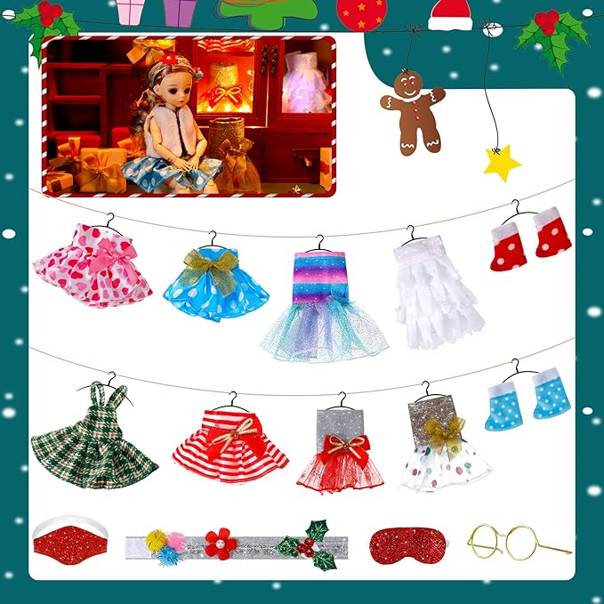 Sumind 14 Pieces Christmas Doll on Clothes Accessories Outfits Set Including Skirts, Bathrobe, Sleeping Bag, Fluffy Vest, Shirt, Scarf, Eye Cover and Boots for Xmas Doll Decor(Stylish Style)