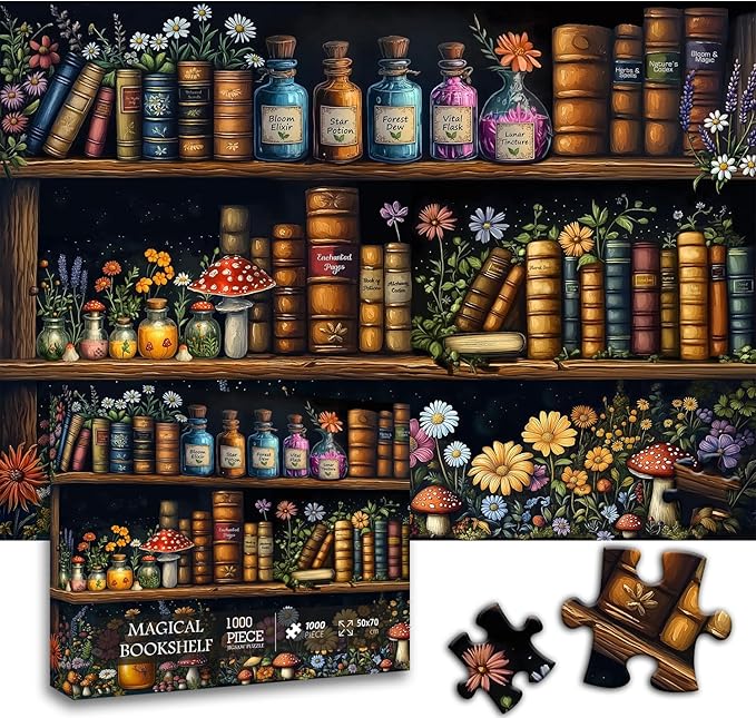 Magic Bookshelf Puzzles for Adults 1000 Pieces, Vintage Book Wildflower Pages Jigsaw Puzzle 1000 Pieces, Plant Floral Potion Mushroom Puzzle, Retro Challenging Hard Puzzle for Book Lovers