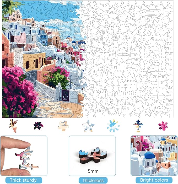 Mys Aurora 500 Pieces Puzzles for Adults, Santorini Wooden Puzzles, Unique Shaped Jigsaw Puzzle Birthday Scenery Gift Challenging Family Game for Kids and Adults 17.8 * 11.3 inch