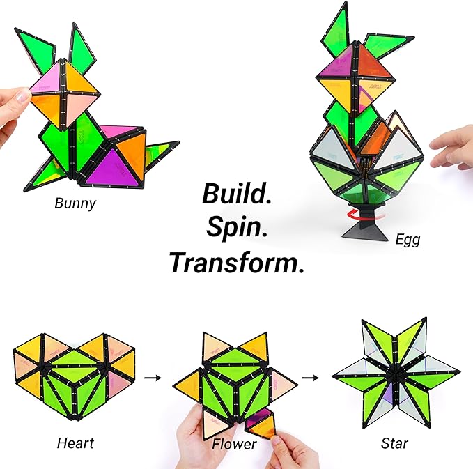 TOSY Magnet Pyramid Glow - 1 Cube Transforms into 1 Billion Shapes (Bunny, Egg, Flowers, Heart), Easter Basket Stuffers Gift, 12 pcs, 243 Magnets, Glowing, Holographic Design, Puzzle/STEM Toy, 4-Pack