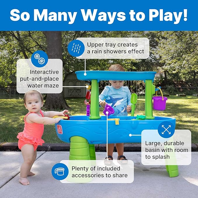 Step2 Rain Showers Splash Pond Water Table, Kids Water and Sand Activity Sensory Playset, Summer Outdoor Toys, 13 Piece Water Toy Accessories, For Toddlers 1.5+ Years Old, Blue & Green