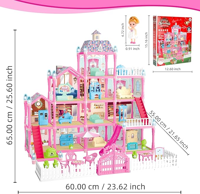OCTERIC Doll House for Girls,13 Rooms Dollhouse with 2Dolls Figure, Lights, Puppies,Furnitures, Accessories, Toddler Playhouse Gift for for 3 4 5 6 7 8 9 10 Year Old Girls Toys (Pink)