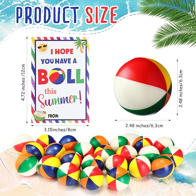 24 Sets End of Year Student Gift Small Beach Stress Balls 2.5 Inch Mini Relief Stress Swimming Pool Ball with Have a Ball Gift Card for Classroom Prizes Summer Holiday Party(Classic Color)