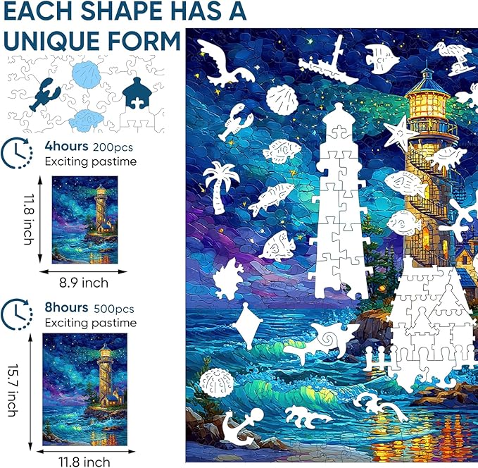 Jiroinlly Wooden Puzzles for Adults 200 Pieces, Night Lighthouse, 5MM Thick Adult Jigsaw Puzzles, Unique Shaped Puzzle for Family and Friends, Home Wall Decor, Exquisite Packaging Gift, 8.9x11.8 in