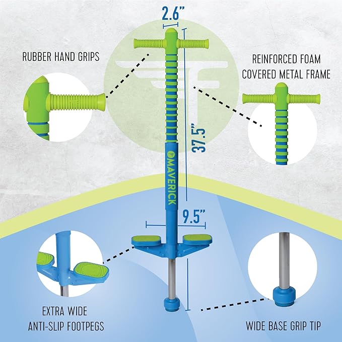 Flybar Maverick 2.0 Foam Pogo Stick for Kids Ages 5 and Up, 40 to 80 Pounds, Outdoor Kids Toys, Pogo Stick for Boys and Girls, Rubber Grip, By The Original Pogo Stick Company (Blue/Green)