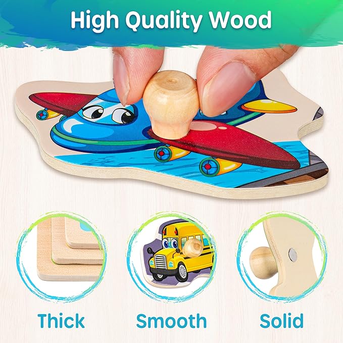 SYNARRY Wooden Puzzles for Toddlers 1-3, 6XSET Puzzles for Toddlers 2-4 with Rack, Learning Alphabet Number Shape Animal Dinosaur Vehicle, Toddler Easter Basket Stuffers Gifts Toys for Boys Girls