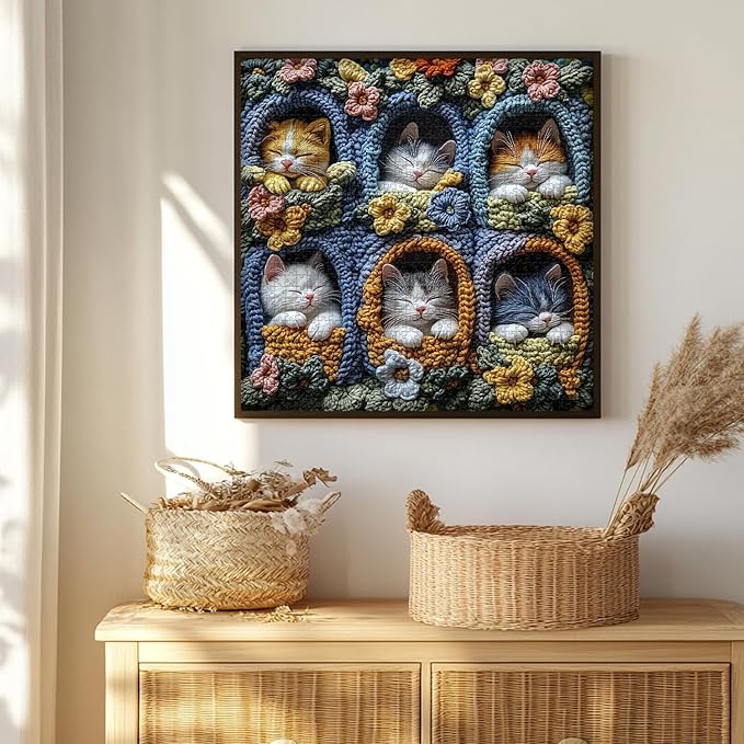 Cat Puzzles for Adults 1000 Pieces, PICKFORU Cute Kitten Puzzle Wildflowers Embroidery, Difficult Animal Flower Art Theme as Wall Decor