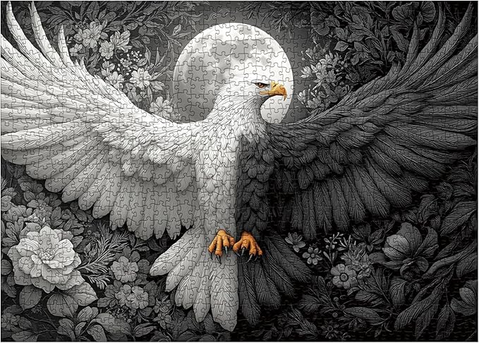 Flower Eagle Puzzles for Adults 1000 Pieces Nature, Magic Bird Black White Art Jigsaw Puzzles, Fantasy Wildlife Moon Impossible Hard Difficult Challenging Puzzle