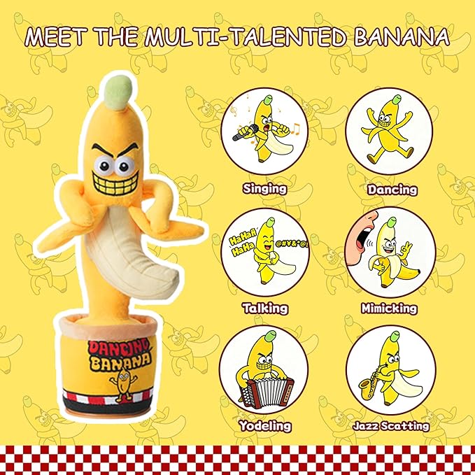 Funny Dancing Talking Banana Toy, Gifts Mimicking, Recording Repeating What You Say, Hilarious Laughs, Novelty Gag Gift for Adults Friends Coworkers Office, Adjustable Volume