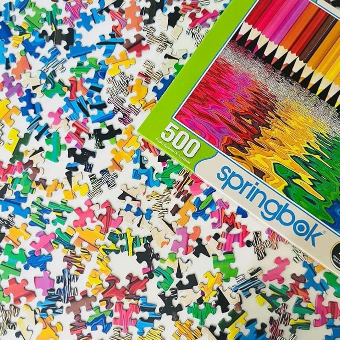 Springbok Pencil Pushers 500 piece Jigsaw Puzzle for Adults and Kids features a rainbow of colored pencils - Made in the USA with interlocking pieces that snap perfectly in place.