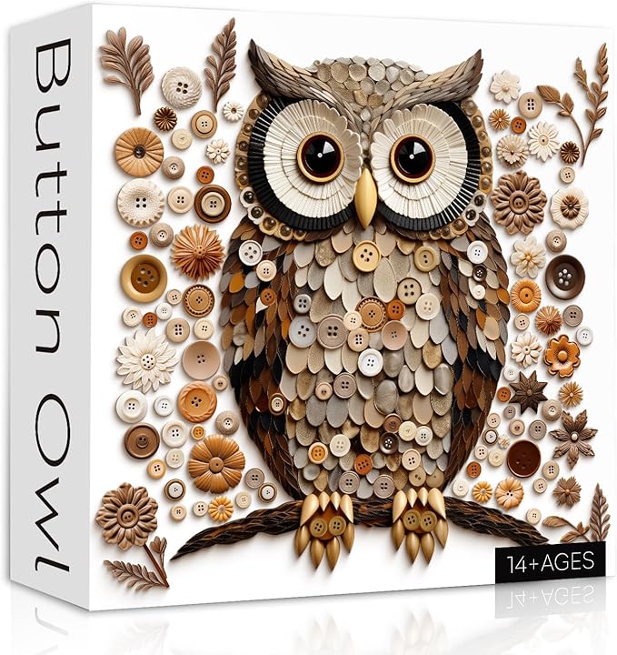 Button Owl Puzzles for Adults 1000 Pieces, Nature Forest Bird Jigsaw Puzzles, Vintage Animal Art Puzzle as Owl Decor