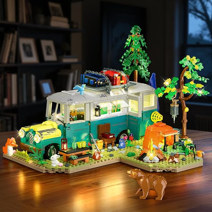 Wilderness Bus Building Set with Light, 1392PCS Camping Building Toy Kit with Removable Bus, Animals and Rich Accessories, Creative Home Decor & Display, Xmas Birthday Gifts for Adults Teens