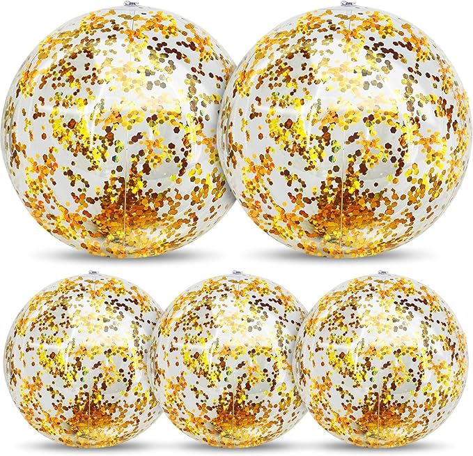 5 Pcs Inflatable Beach Balls, 16 Inch & 24 Inch Large Confetti Glitter Beach Balls, Sequins Clear Blow up Pool Balls Toys for Christmas Party Decorations 2026 New Year Birthday Summer Swimming Pool