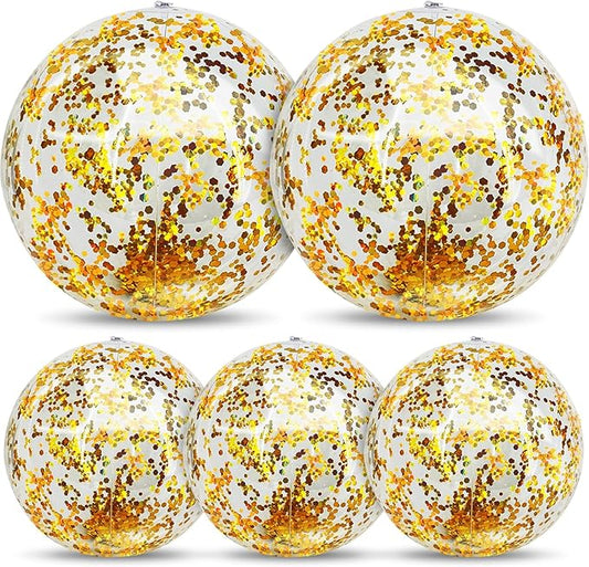 5 Pcs Inflatable Beach Balls, 16 Inch & 24 Inch Large Confetti Glitter Beach Balls, Sequins Clear Blow up Pool Balls Toys for Christmas Party Decorations 2026 New Year Birthday Summer Swimming Pool