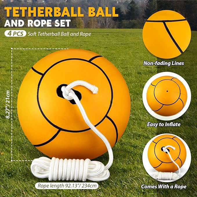 Shappy Tetherball Soft Tether Balls and Rope Set Game Replacement Tetherball Set Rubber Tether Ball Equipment for Kids Adults Indoor Outdoor Playground Yard Backyard Play