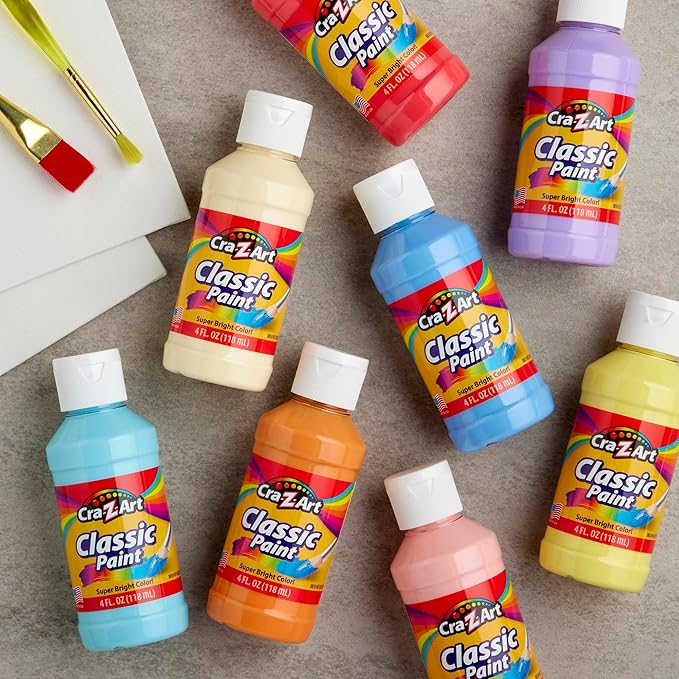Cra-Z-Art Classic Washable Paint 4oz 8ct Pastels, Vibrant Colors for Arts & Crafts, School Projects, Creative Play & More! Made in USA