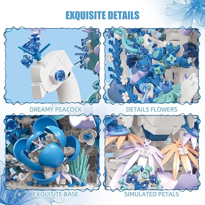 Blue Flowers Peacock Building Set for Adults - Creative Animal Botanicals Peacock Bird Toy Home Office Art Deocr, Compatible with Lego, for Women Mom (2470 PCS)