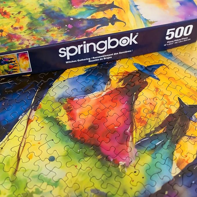 Springbok's Witches Gathering 500 Piece Puzzle for Adults is a Watercolor Image of Witches Gathering in a Blossoming Field