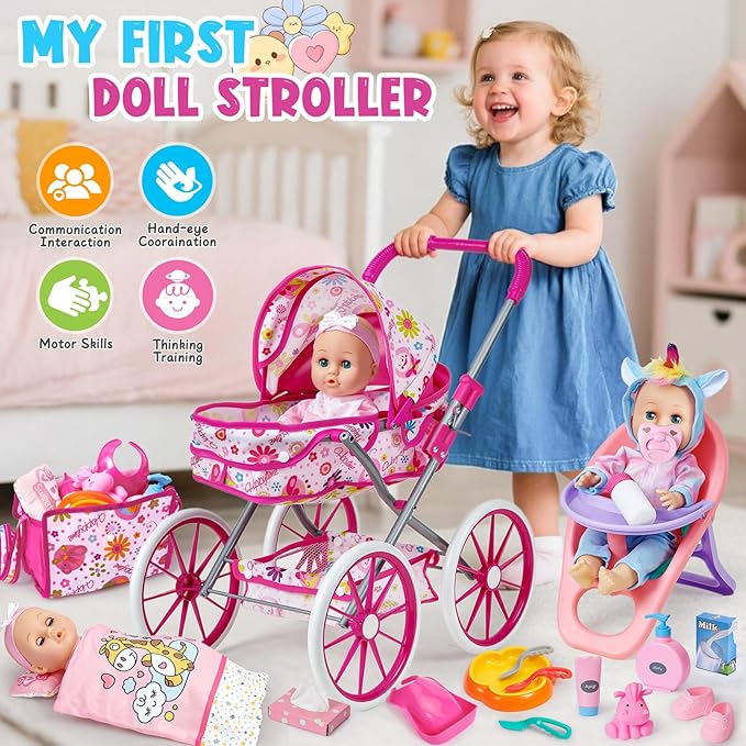 Golray 12 in Baby Doll Toys Set with Stroller for 3 4 5 6 Year Old Girl - 26pcs Babydoll with Accessories Quilt Pillow/Highchair/2 Clothes, Feeding Nursing Pretend Play Toddler Girl Toy Gift 3-5-7