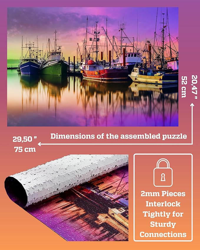 1000 Piece Puzzle for Adults - Scenic Harbor with Colorful Boats, Gift-Ready Box, Letters on Back, 8 Puzzle Saver Sheets & Full-Size Poster by GERJATO - Ideal Gift for Loved Ones