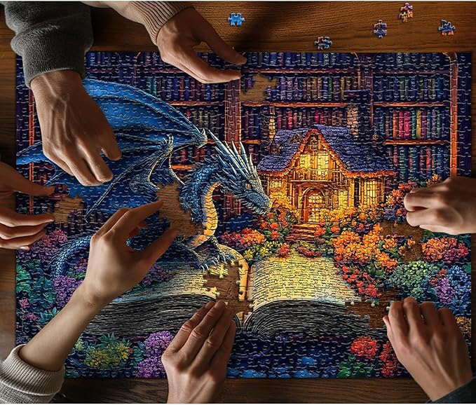 Dragon Puzzles for Adults 1000 Pieces, Magic Dinosaur Library Book Nature Garden Flower Themed, Fantasy Animal Wildflower Challenge Jigsaw Puzzle