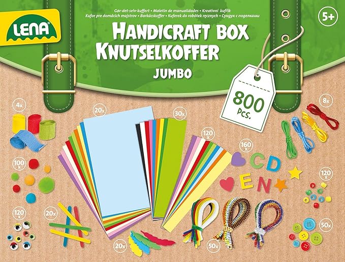 Lena 42629 case with Various Material for handcrafts, with Foam Rubber, Paper, Beads, Pompoms, Satin Ribbons, Buttons, Saucer Eyes and Much More, from 5 Years of Age, Jumbo 800 Colourful, 800 Teile