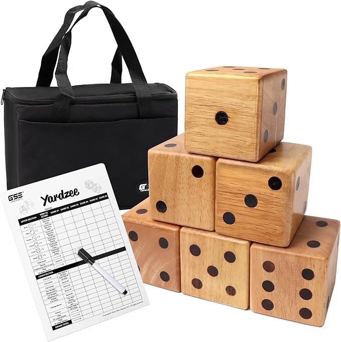GSE Games & Sports Expert 3.5-Inch Premium Oak Giant Yard Dice Set with Carrying Bag and Yardzee & Farkle Scorecard. Outdoor Backyard Lawn Game for Family