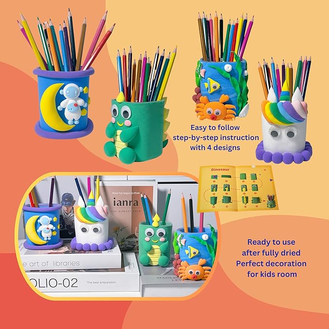 AwwAboutLife Air Dry Clay - Create Your Own Pen Holder Kit. Craft DIY for Kids/Art Activity Set/Holiday Birthday Gift/Dinasour Unicorn & Space. for Adults or Kids 4+