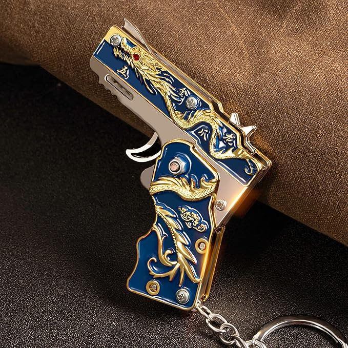 Mini Golden Dragon Rubber Band toy gun Metal folding keychain Rubber band gun toy Novel and funny Creative Outdoor party gift (Blue Golden Dragon)