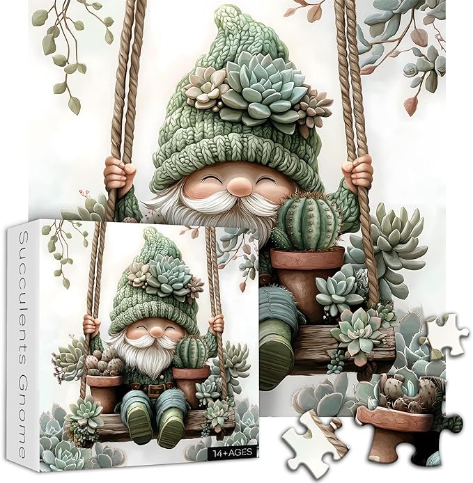 Cute Gnome Puzzles for Adults 1000 Piece, Nature Cactus Succulent Plant Themed, Funny Spring Gnome Jigsaw Puzzles Challenging
