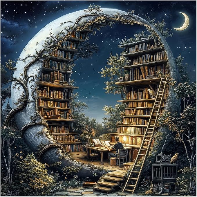 Magic Moon Library Puzzle 1000 Pieces for Adults, Night Book Forest Fantasy Jigsaw Puzzle, Vintage Space Bookshelf Nature Puzzles