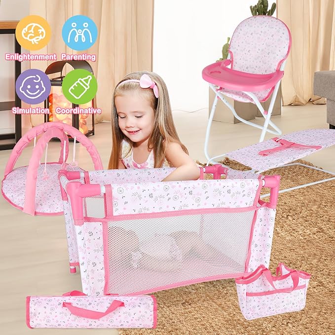 deAO Baby Doll Accessories12-14 Doll Playset with High Chair Crib Bed Play Mat Storage Bag Handbag - 6 in 1 Pink Dolls Playset with Furniture Gifts for Girls