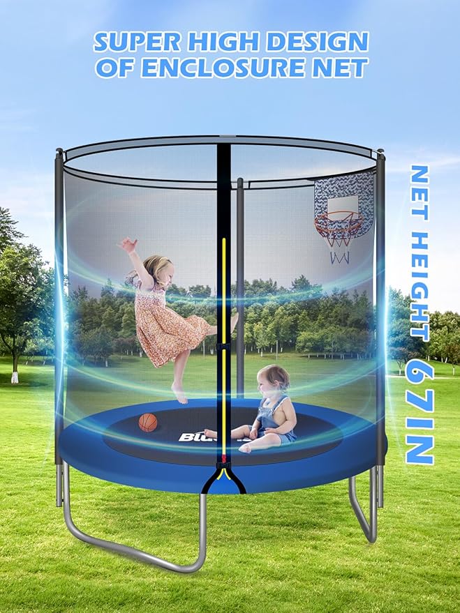 BLUERISE 55IN 6FT Toddler Trampoline for Kids Indoor Outdoor Play for Kids Trampoline Basketball Hoop Attachment with Enclosure Net Easy to Assemble