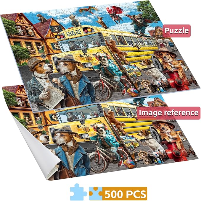 Puzzles for Adults 500 Pieces, Pet School Bus 500 Piece Puzzle Family Game Funny Dog Jigsaw Puzzles