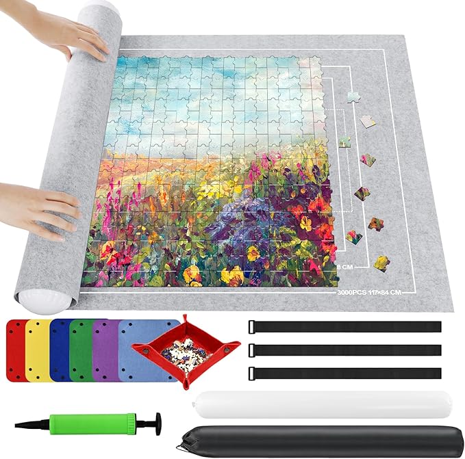 Ainiv Jigsaw Puzzle Mat Roll Up 3000 Pieces, 55" x 39" Portable Felt Puzzles Board with 6 Sorting Trays & Travel Storage Bag, Jigsaw Saver Pad Keeper for Adults Teens, Gray