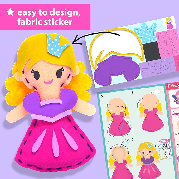 KRAFUN Easy Sew Fairy Tales Sewing Kit for Kids Beginners, Make 8 DIY Felt Plush Toys with Pre-Punched Holes, Arts & Crafts for Girls Ages 5-10