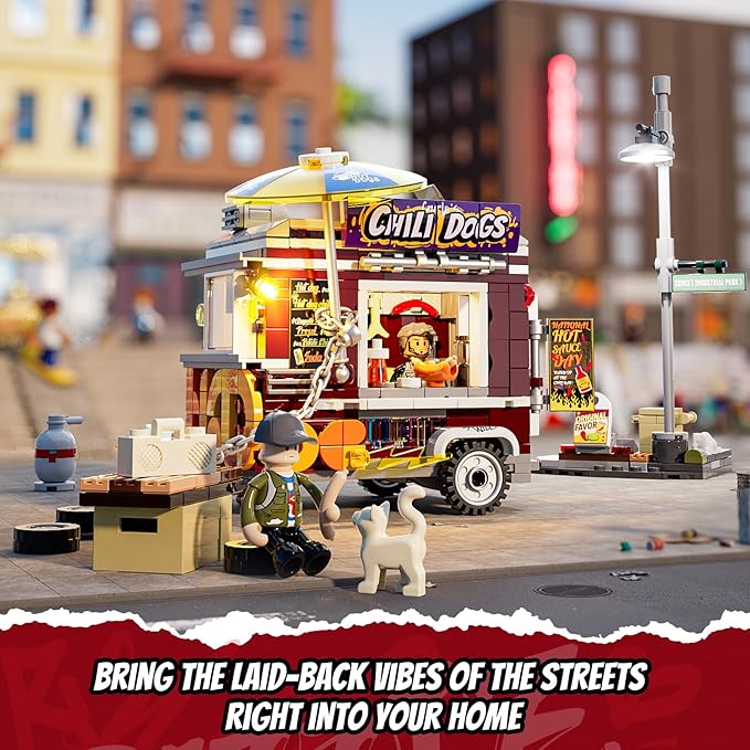FUNWHOLE Chili Dog Trailer Lighting Building Bricks Set - Street Fusion City Town Hot Food Truck with LED Light Display Kit 515 Pcs for Adults & Teens & Street Cultrue Lovers