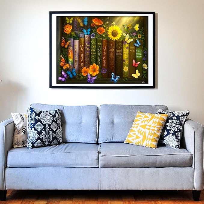 Think2Master Enchanted Library 500 Pieces Very Large Pieces Jigsaw Puzzle: 13+ Adults & Seniors. Magical Bookshelf with Butterflies & Flowers Botanical Garden. Great Gift. Size: 26.8” X 18.9”