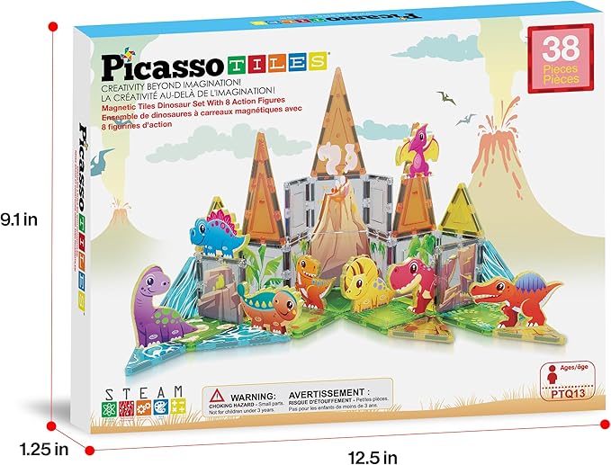 PicassoTiles Magnet Tiles Building Blocks Dinosaur Theme Set with 8 Magnetized Action Figures Magnetic Construction Build and Play Toy with Magnets STEM Learning Activities for Toddlers 3+ PTQ13