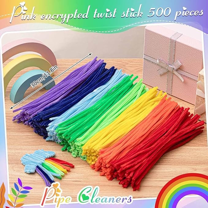 Peryiter 500 Pieces Pipe Cleaners Chenille Stems for Flowers Craft Supplies Bulk Fluffy Fuzzy Sticks for DIY Art Projects Creative Gift Wrapping Party Decorations(Rainbow Color,12 Inch)