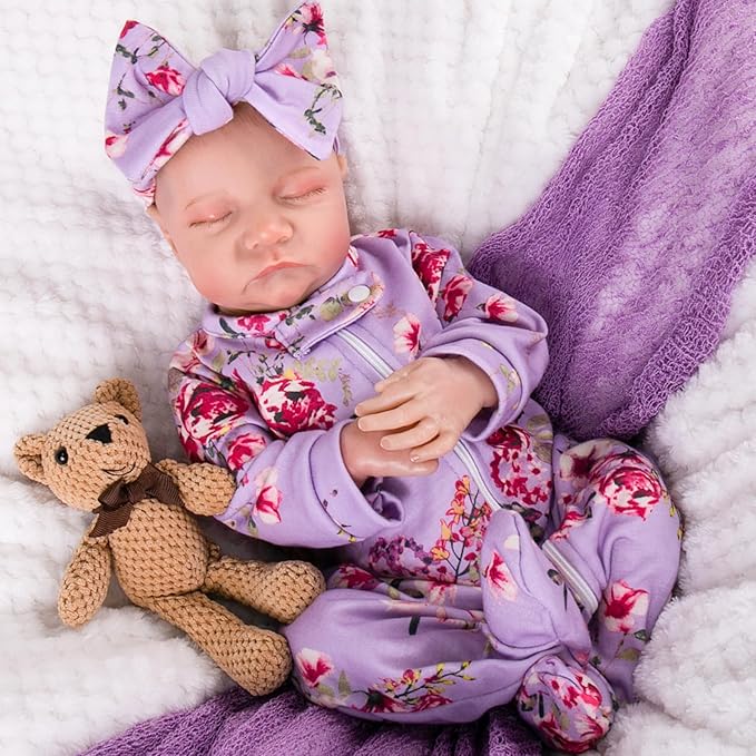 Aori Lifelike Reborn Baby Dolls Clothes 20 inch Purple Clothing Floral Jumpsuits Set for 17-20 Inch Newborn Girl Doll