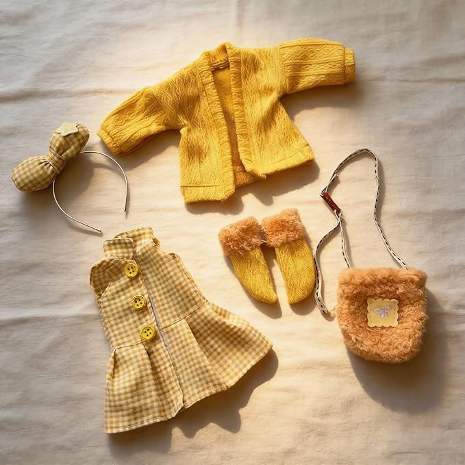 30cm YoSD 1/6 BJD Doll Clothes Set - Yellow Plaid Dress, Knit Cardigan, Bow Headband, Fuzzy Bag & Socks, Doll Accessories